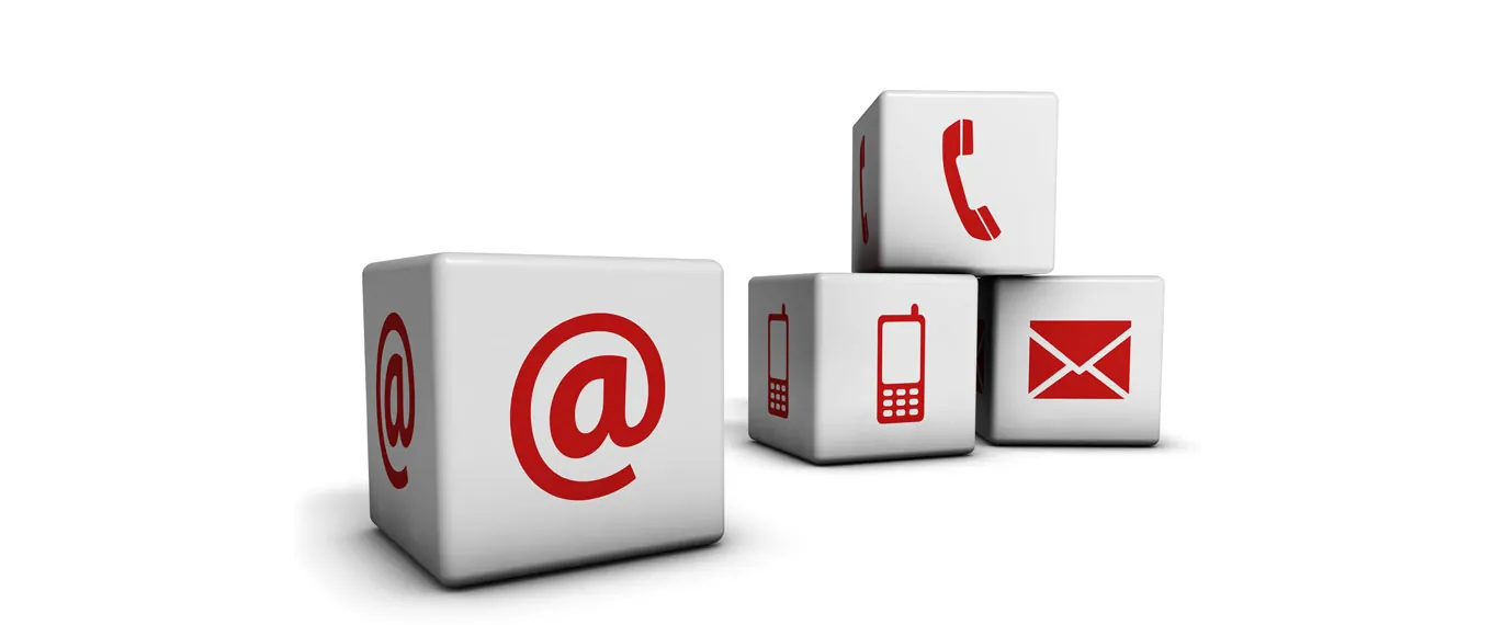 Kontakt Tierheilpraktiker Banner Kontakt - Würfel mit @, Handy und Email Symbol